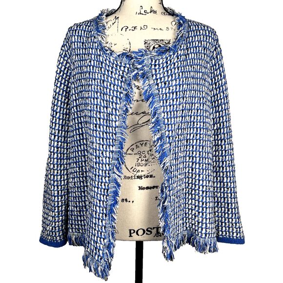 Kasper Sweaters - Kasper Sz L Open Cardigan Sweater Cabana Blue White Black Seed Stitch Fringe